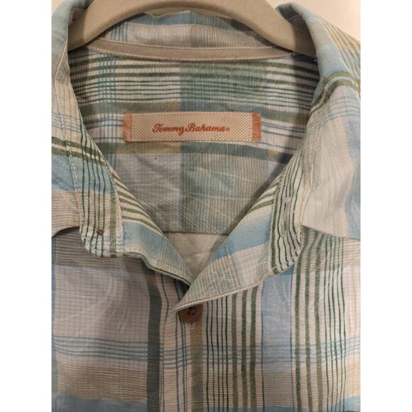 Tommy Bahama Men's L Blue Green Plaid 100% Silk Button Up Shirt Short Sleeve - Picture 3 of 8